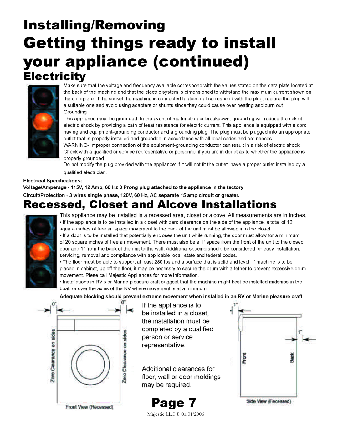 Majestic Appliances MJ-9000VG owner manual Electricity, Recessed, Closet and Alcove Installations 