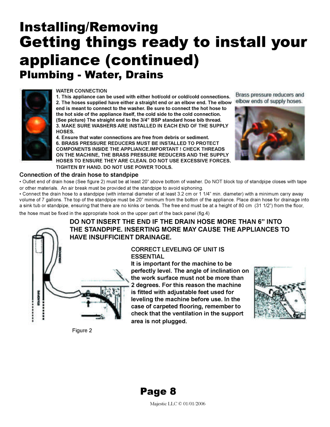 Majestic Appliances MJ-9200W owner manual Plumbing Water, Drains, Water Connection 