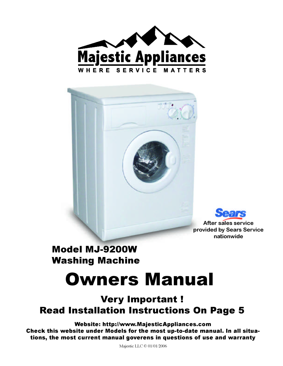 Majestic Appliances owner manual Model MJ-9200W Washing Machine, Very Important, Read Installation Instructions On Page 
