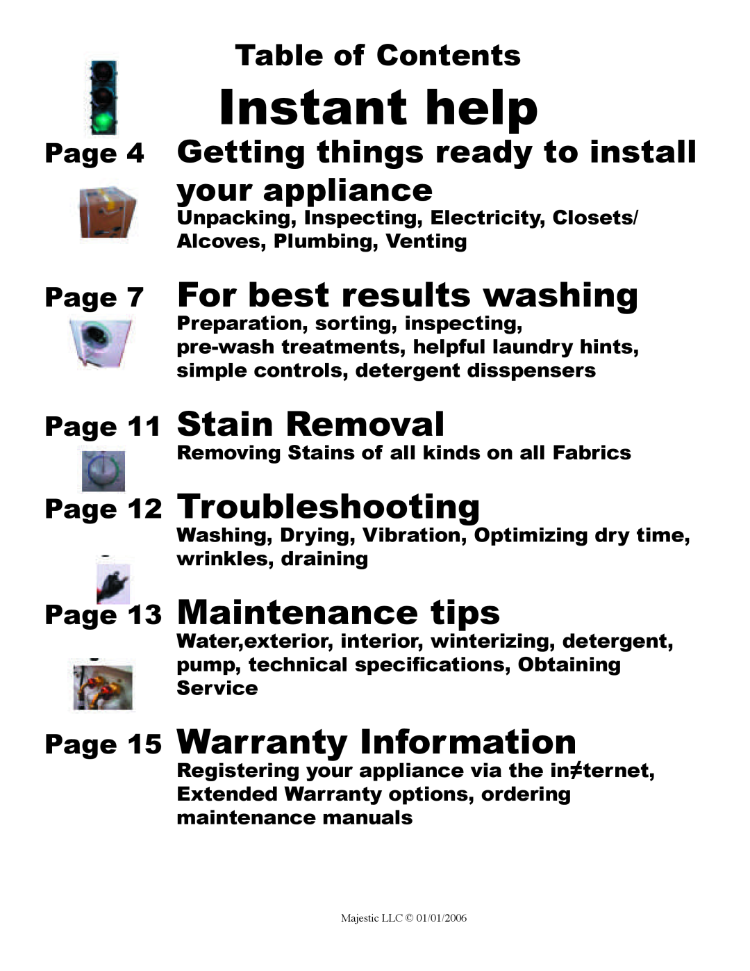 Majestic Appliances MJ-9200W Instant help, Page 7 For best results washing, Page 11 Stain Removal, Page 12 Troubleshooting 