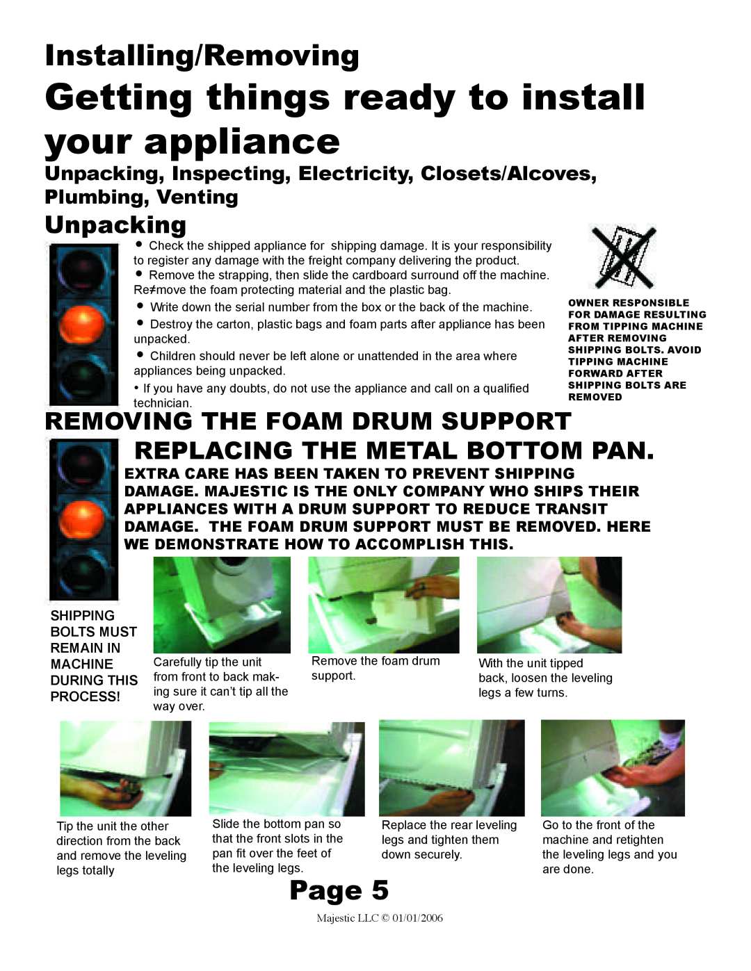 Majestic Appliances MJ-9200W owner manual Installing/Removing, Page, Unpacking, Removing The Foam Drum Support 