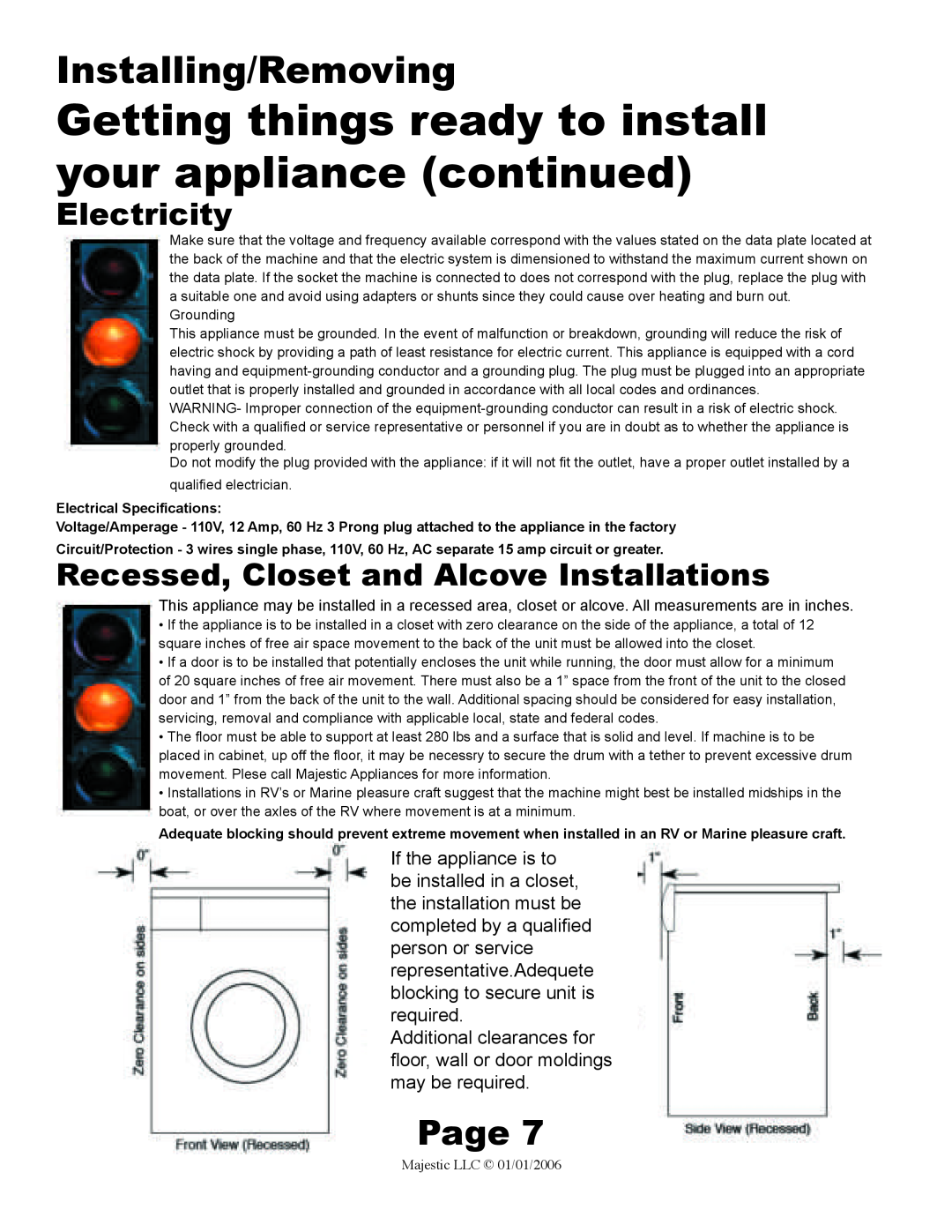 Majestic Appliances MJ-9200W owner manual Electricity, Recessed, Closet and Alcove Installations, Installing/Removing, Page 