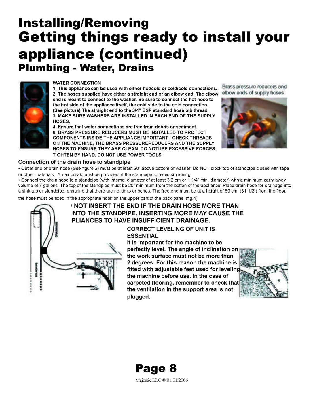 Majestic Appliances MJ-9900 owner manual Plumbing Water, Drains, Water Connection 