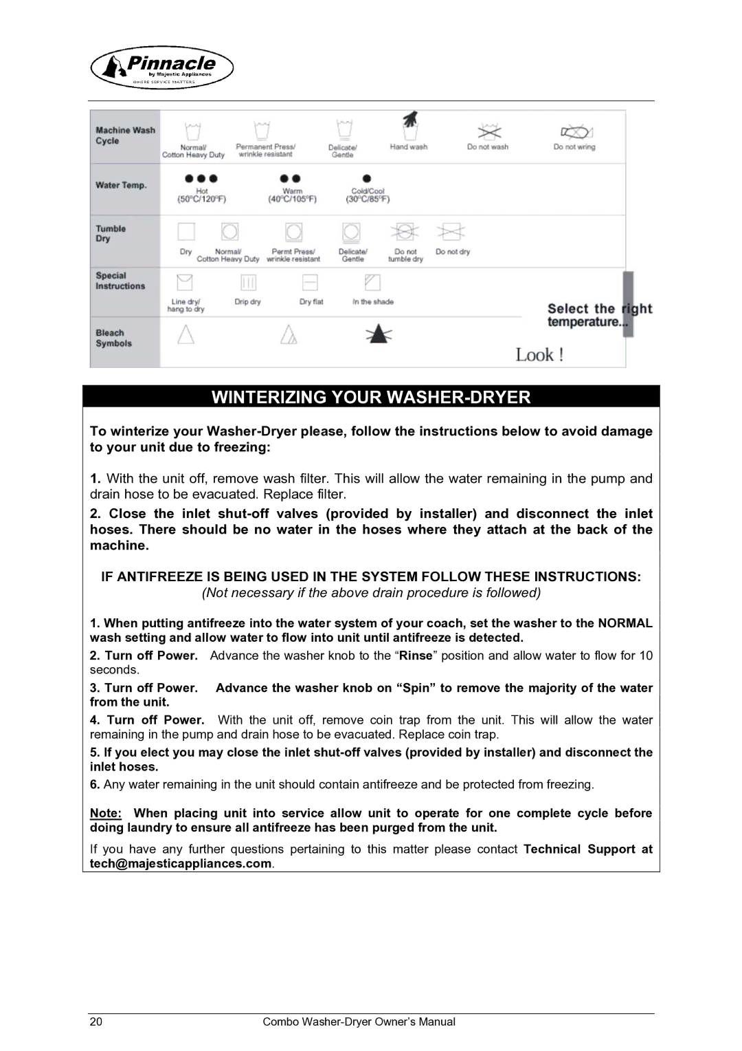 Majestic Appliances MJ9950, mj9050v Winterizing Your WASHER-DRYER, Not necessary if the above drain procedure is followed 