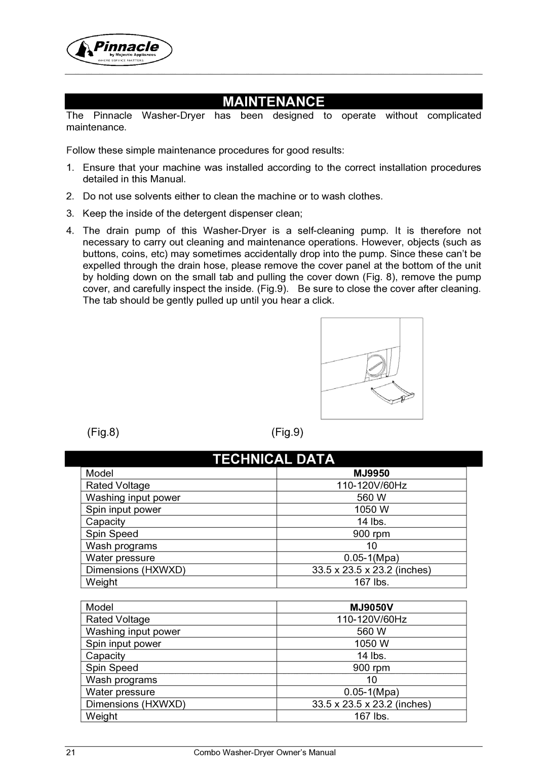 Majestic Appliances mj9050v owner manual Maintenance, Technical Data, MJ9950, MJ9050V 