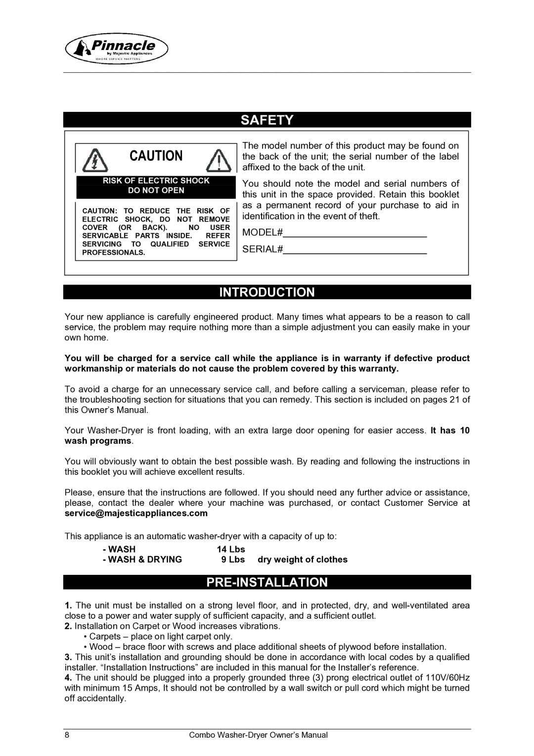 Majestic Appliances MJ9950 Safety, Pre-Installation, Service@majesticappliances.com, 14 Lbs, Lbs Dry weight of clothes 