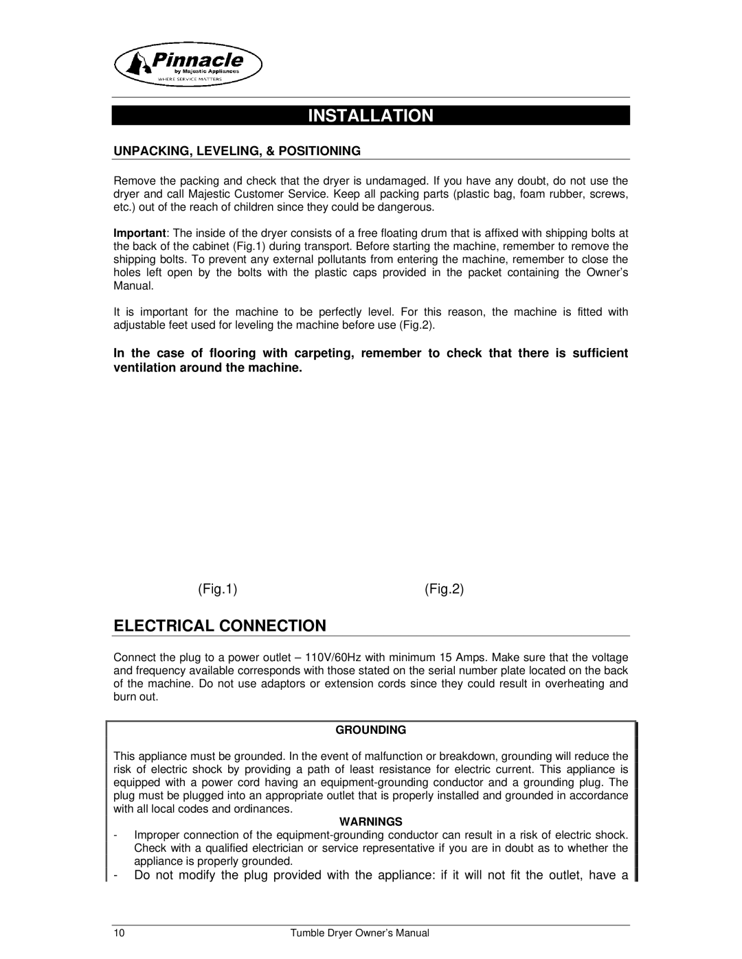 Majestic Appliances 17-2013, MJ9250D owner manual Installation, Electrical Connection 