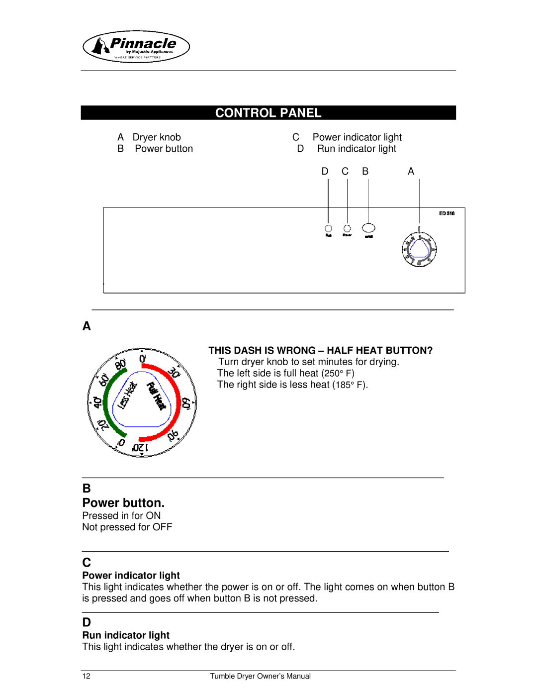 Majestic Appliances 17-2013, MJ9250D owner manual Control Panel, This Dash is Wrong Half Heat BUTTON? 