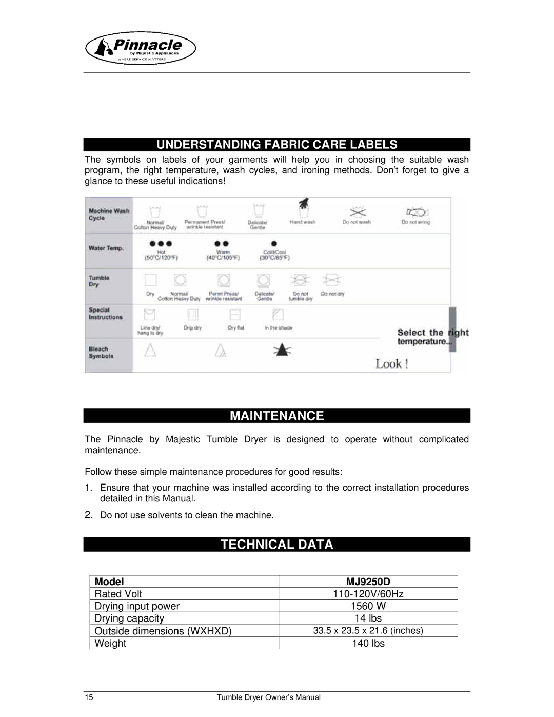 Majestic Appliances MJ9250D, 17-2013 owner manual Maintenance, Technical Data, Understanding Fabric Care Labels 