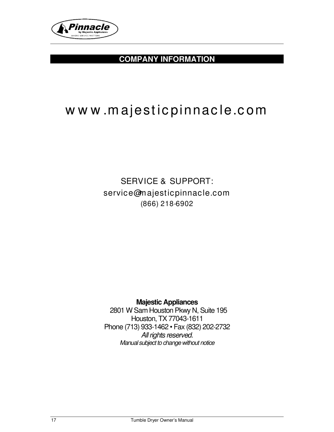 Majestic Appliances MJ9250D, 17-2013 owner manual Service & Support, Company Information 