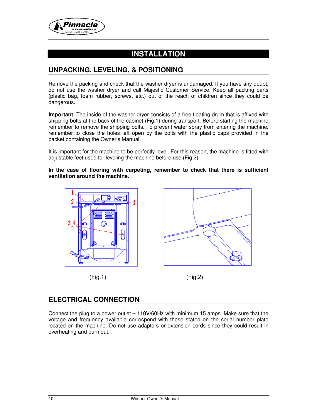 Majestic Appliances MJ9250W owner manual Installation, UNPACKING, LEVELING, & Positioning, Electrical Connection 