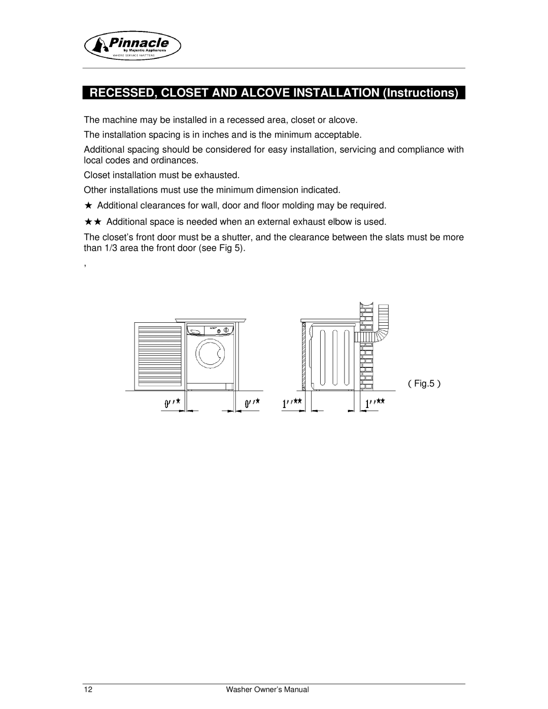 Majestic Appliances MJ9250W owner manual RECESSED, Closet and Alcove Installation Instructions 