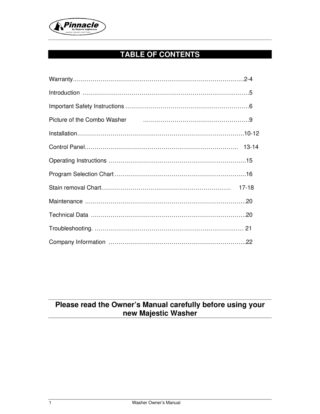 Majestic Appliances MJ9250W owner manual Table of Contents 