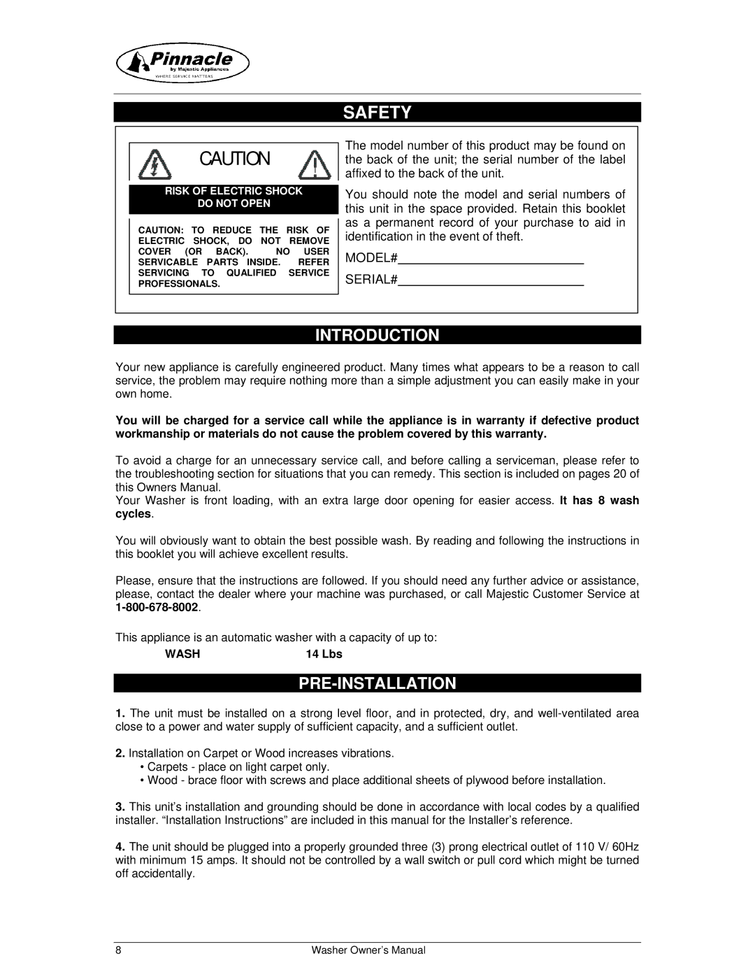 Majestic Appliances MJ9250W owner manual Safety, Pre-Installation 