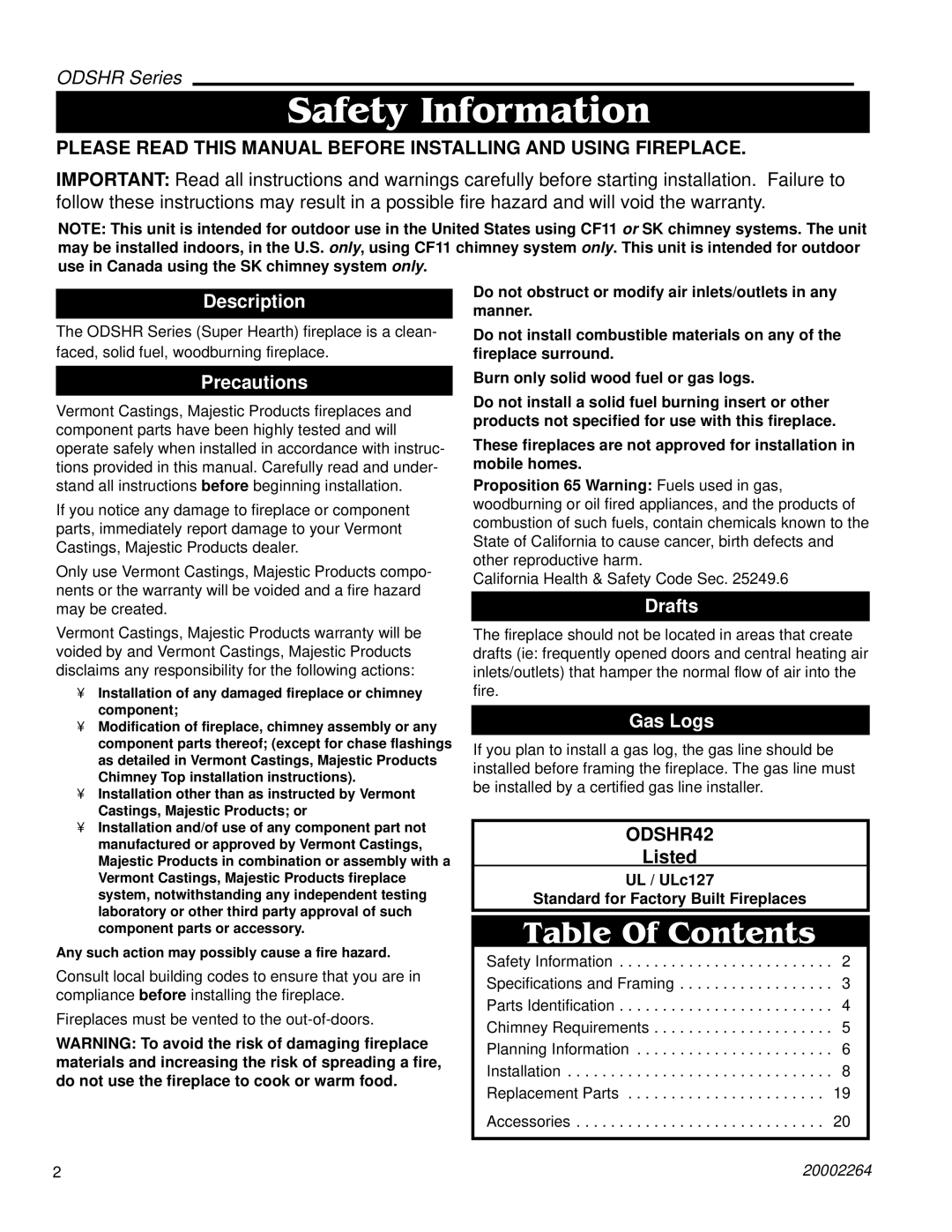 Majestic Appliances ODSHR42 manual Safety Information, Table Of Contents 