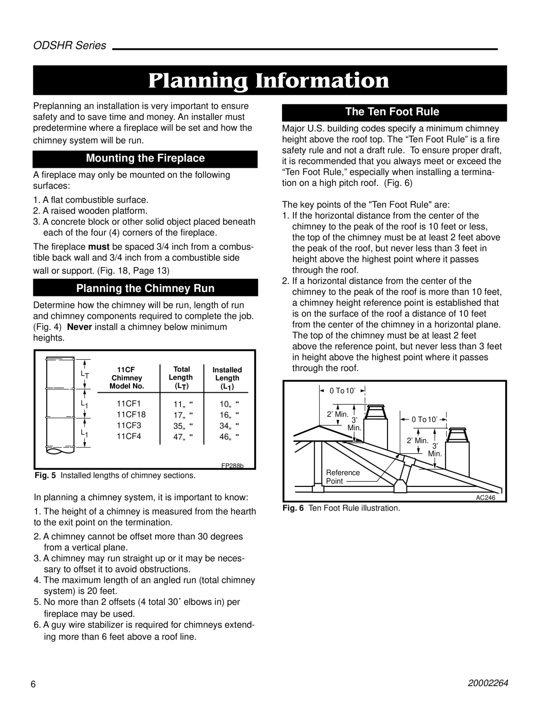 Majestic Appliances ODSHR42 manual Planning Information, Mounting the Fireplace, Planning the Chimney Run, Ten Foot Rule 