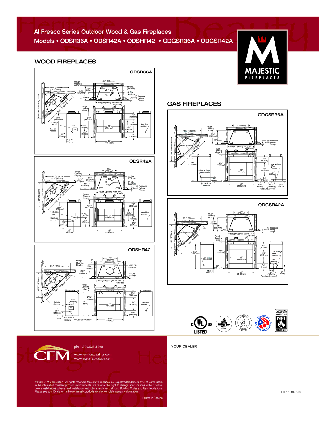 Majestic Appliances ODSR42A manual Wood Fireplaces 