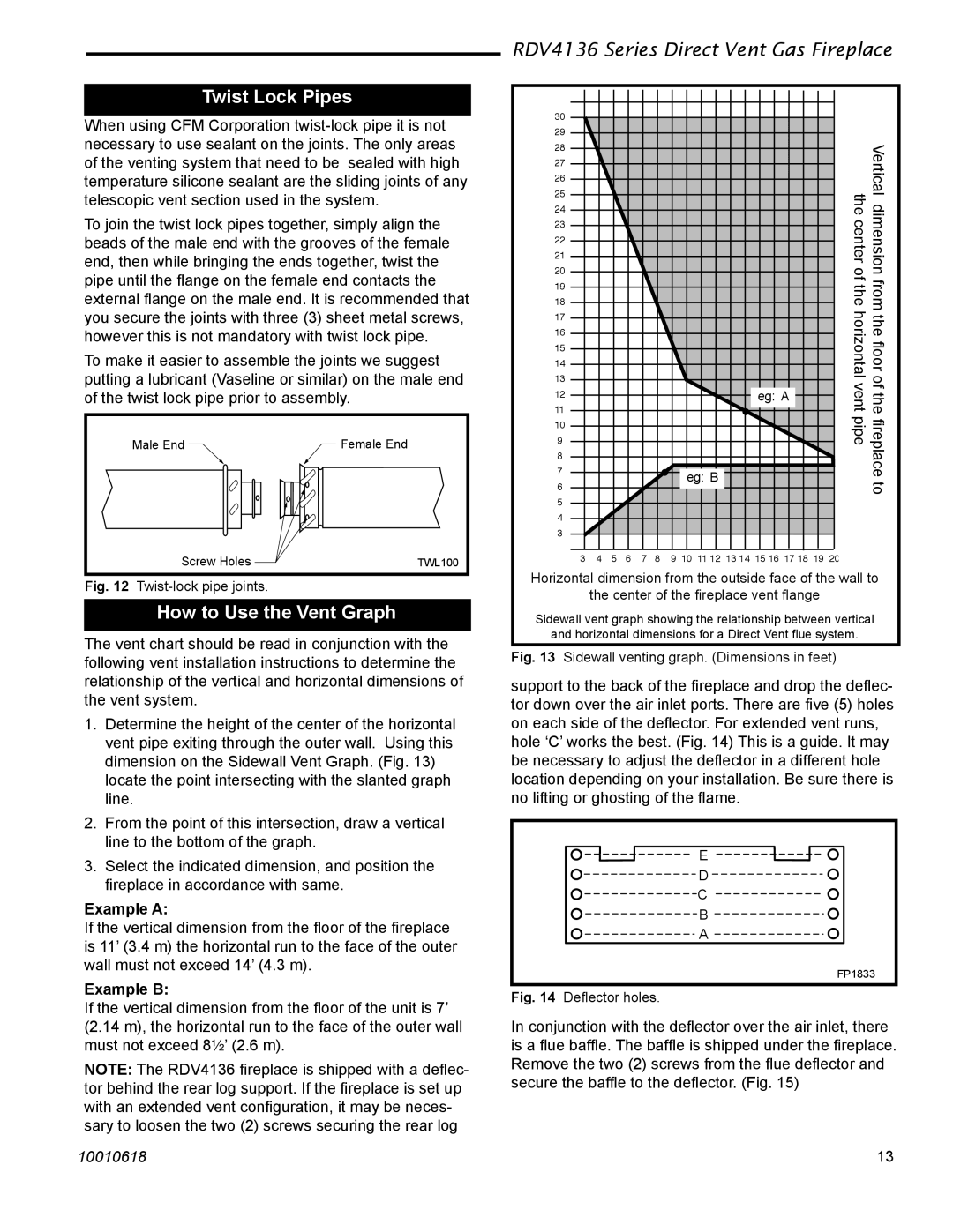 Majestic Appliances RDV4136 installation instructions Twist Lock Pipes, How to Use the Vent Graph, Example a, Example B 