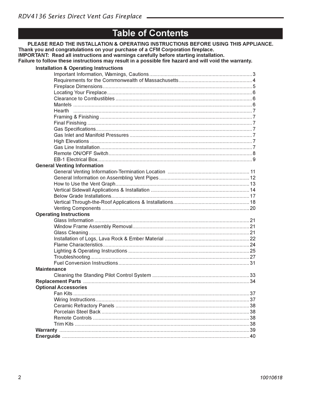 Majestic Appliances RDV4136 installation instructions Table of Contents 