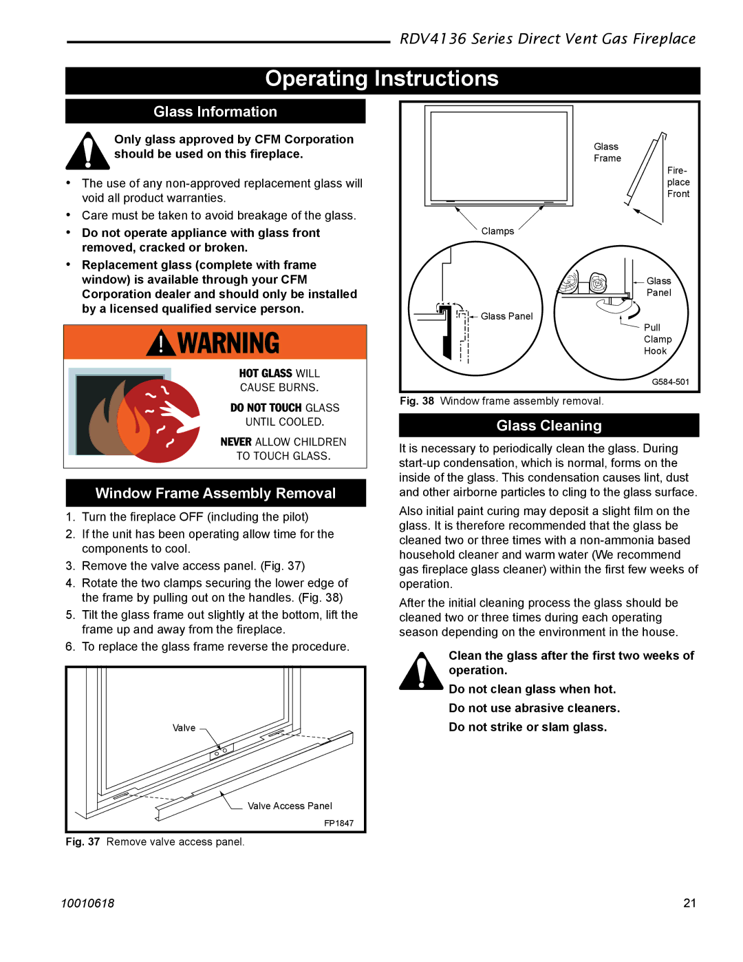 Majestic Appliances RDV4136 Operating Instructions, Glass Information, Window Frame Assembly Removal, Glass Cleaning 