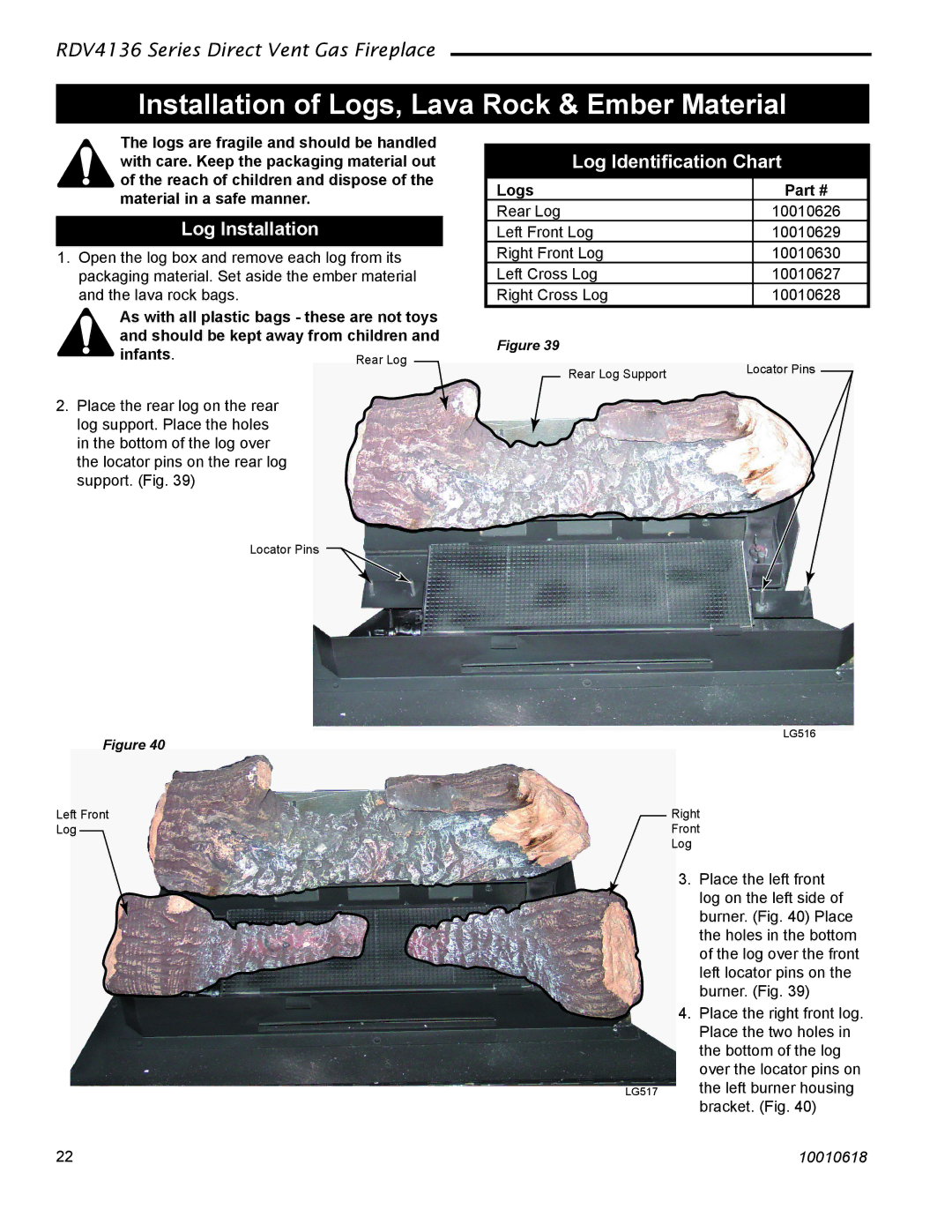 Majestic Appliances RDV4136 Installation of Logs, Lava Rock & Ember Material, Log Installation, Log Identiﬁcation Chart 