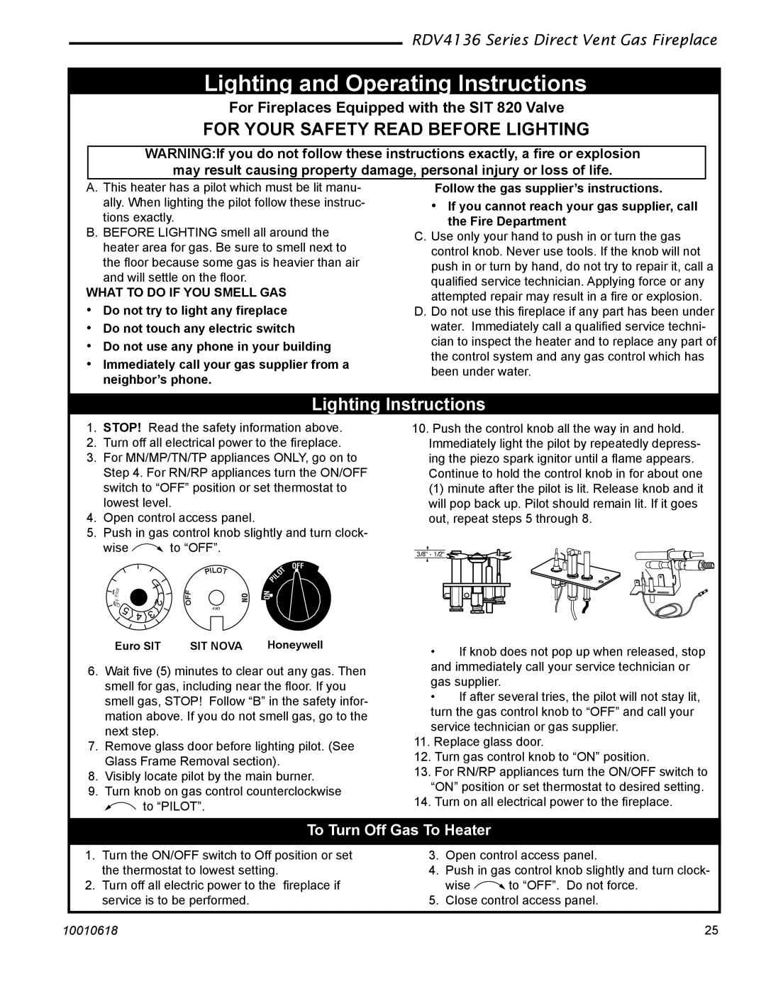 Majestic Appliances RDV4136 Lighting and Operating Instructions, For Fireplaces Equipped with the SIT 820 Valve 