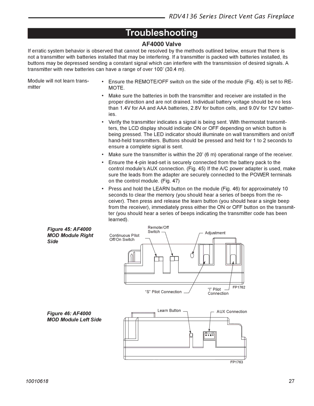 Majestic Appliances RDV4136 installation instructions Troubleshooting, AF4000 Valve 