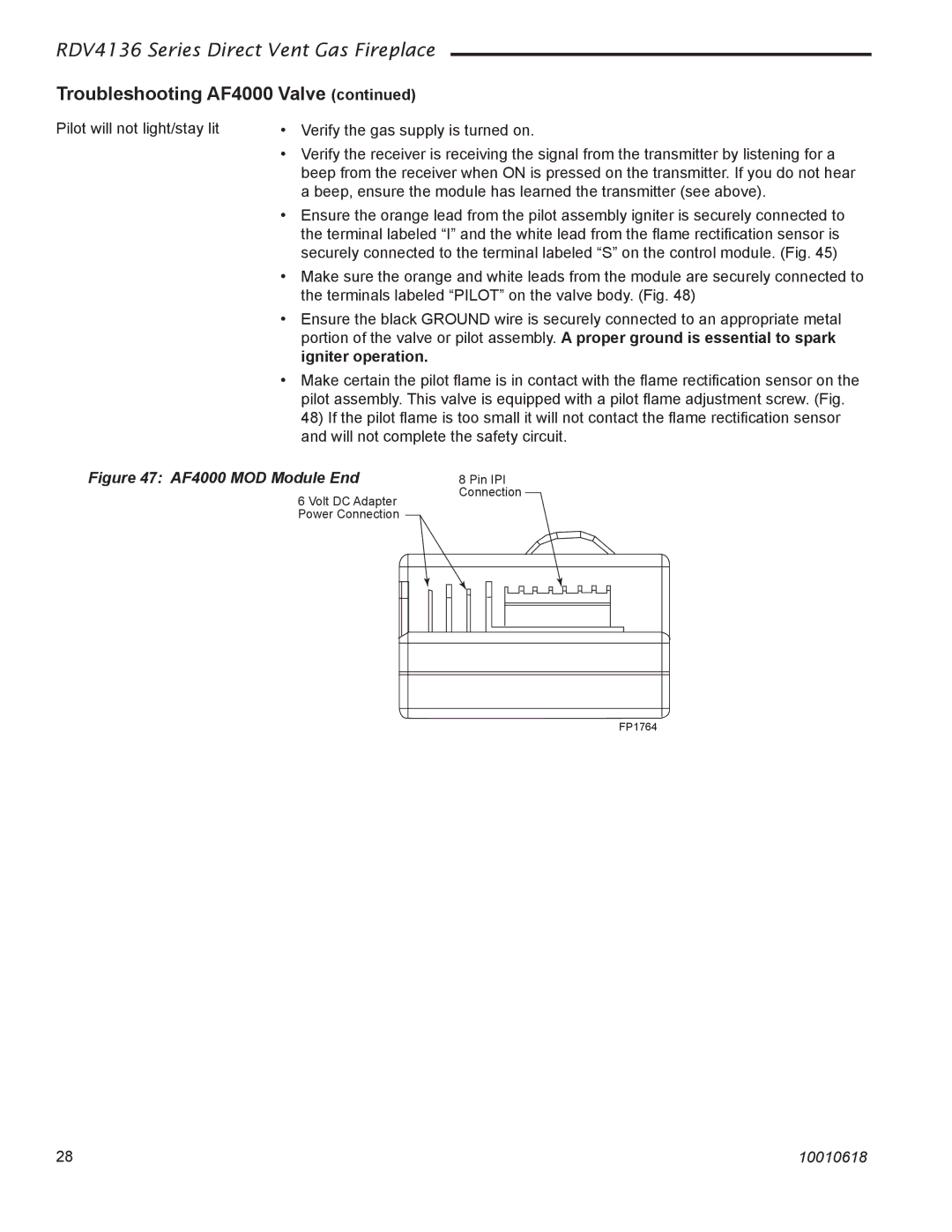 Majestic Appliances RDV4136 installation instructions Troubleshooting AF4000 Valve, Igniter operation 