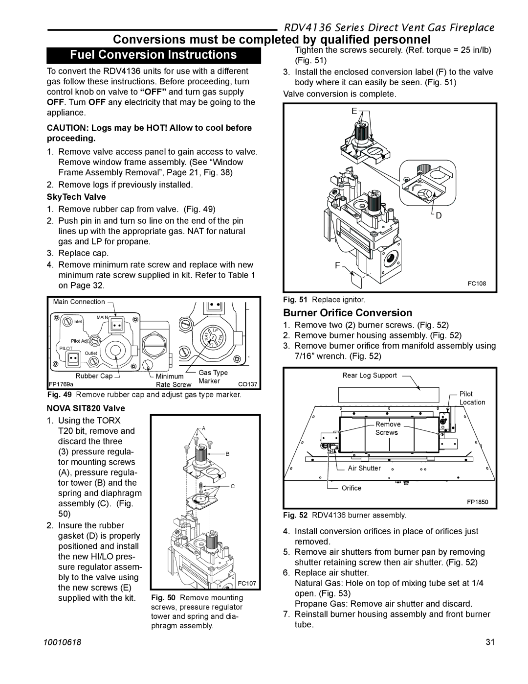 Majestic Appliances RDV4136 installation instructions Burner Oriﬁce Conversion, SkyTech Valve, Nova SIT820 Valve 