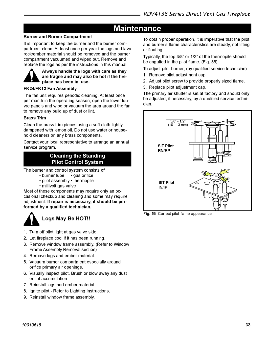 Majestic Appliances RDV4136 Maintenance, Cleaning the Standing Pilot Control System, Logs May Be HOT, Brass Trim 