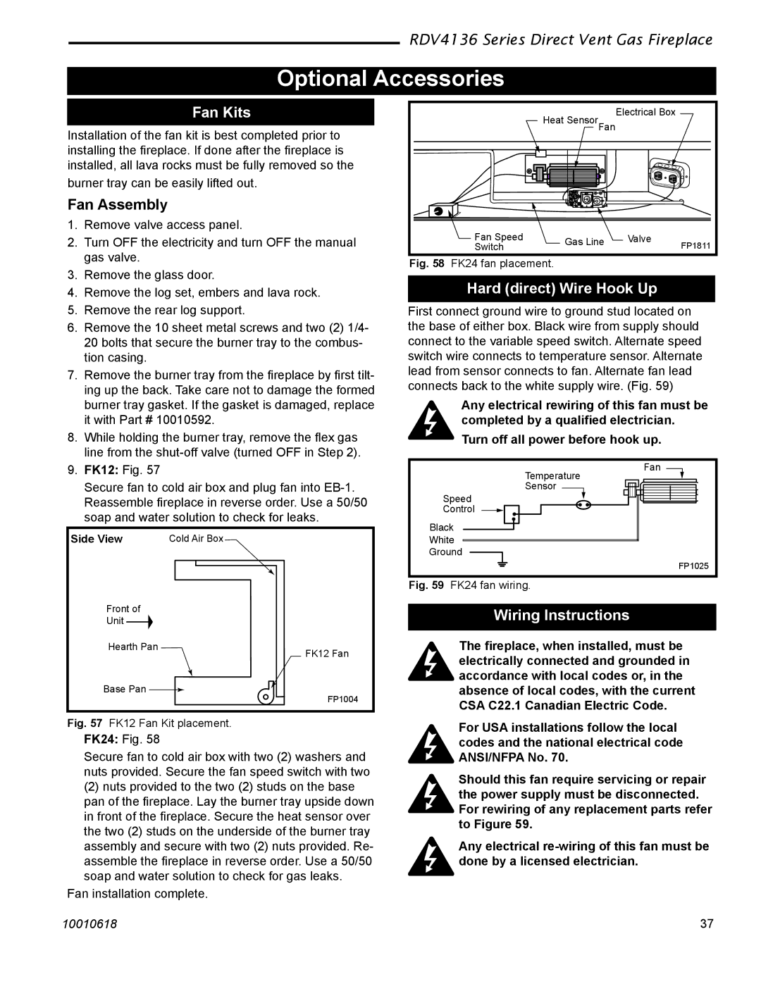 Majestic Appliances RDV4136 Optional Accessories, Fan Kits, Fan Assembly, Hard direct Wire Hook Up, Wiring Instructions 