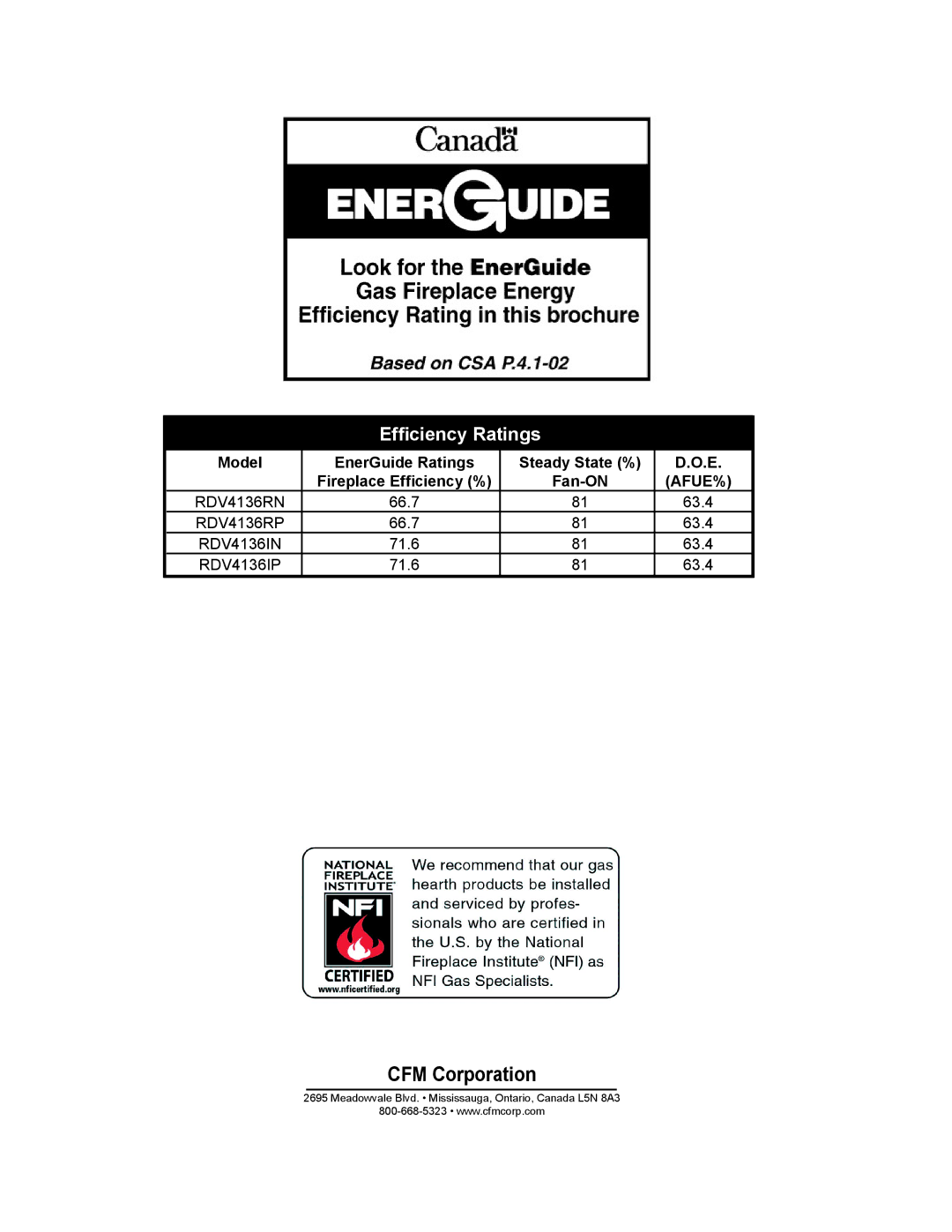 Majestic Appliances RDV4136 installation instructions Efﬁciency Ratings 