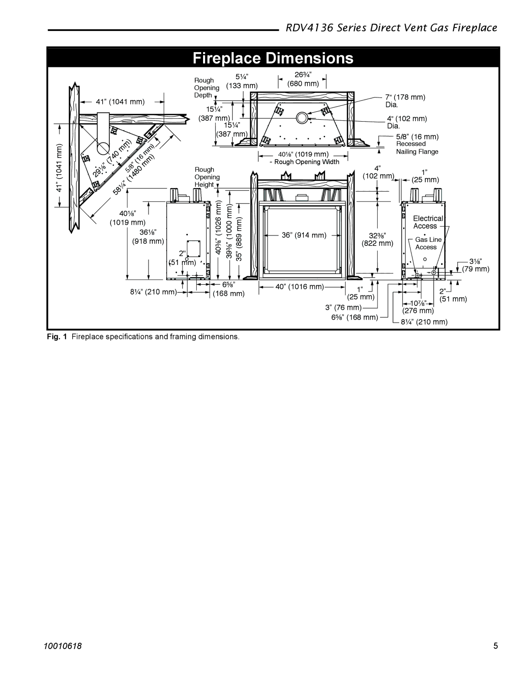 Majestic Appliances RDV4136 installation instructions Fireplace Dimensions 