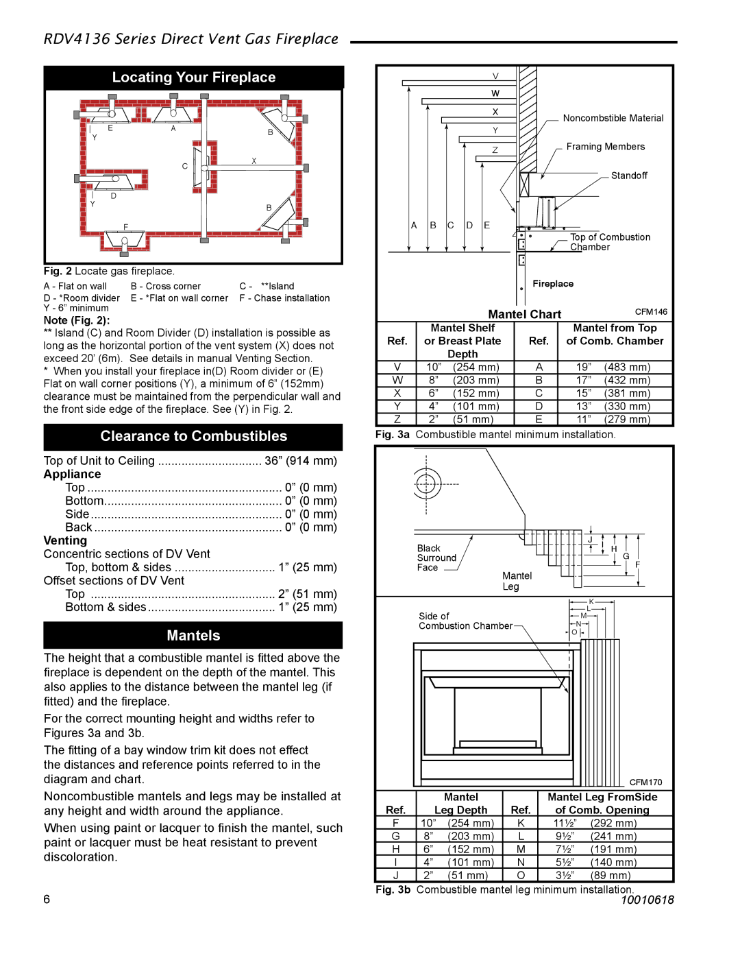 Majestic Appliances RDV4136 Locating Your Fireplace, Clearance to Combustibles, Mantels, Venting, Mantel Chart 