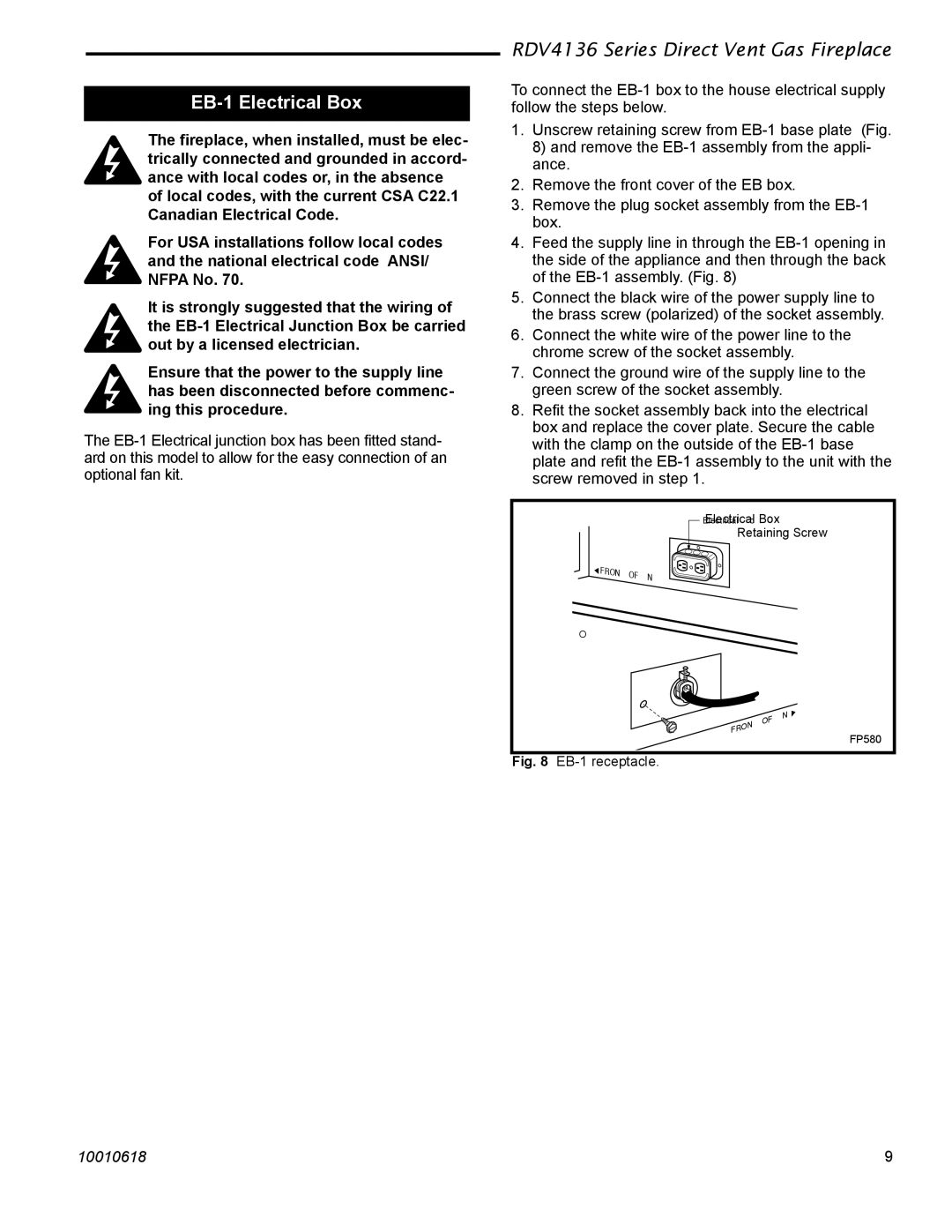 Majestic Appliances RDV4136 installation instructions EB-1 Electrical Box, EB-1 receptacle 