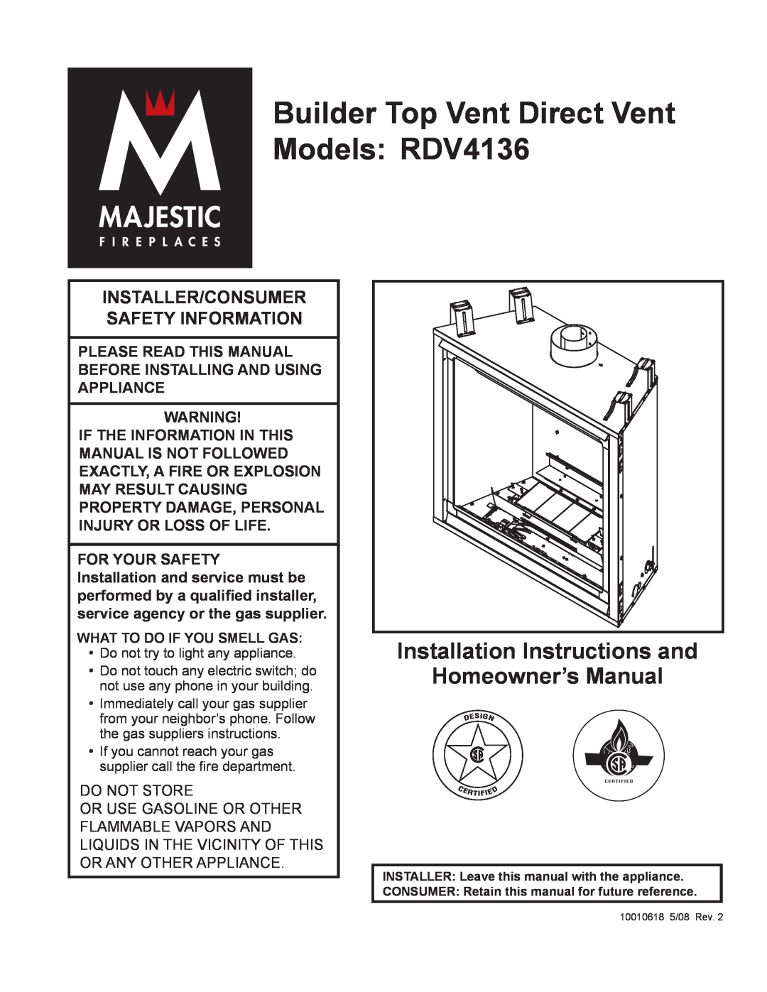 Majestic Appliances installation instructions Builder Top Vent Direct Vent Models RDV4136 