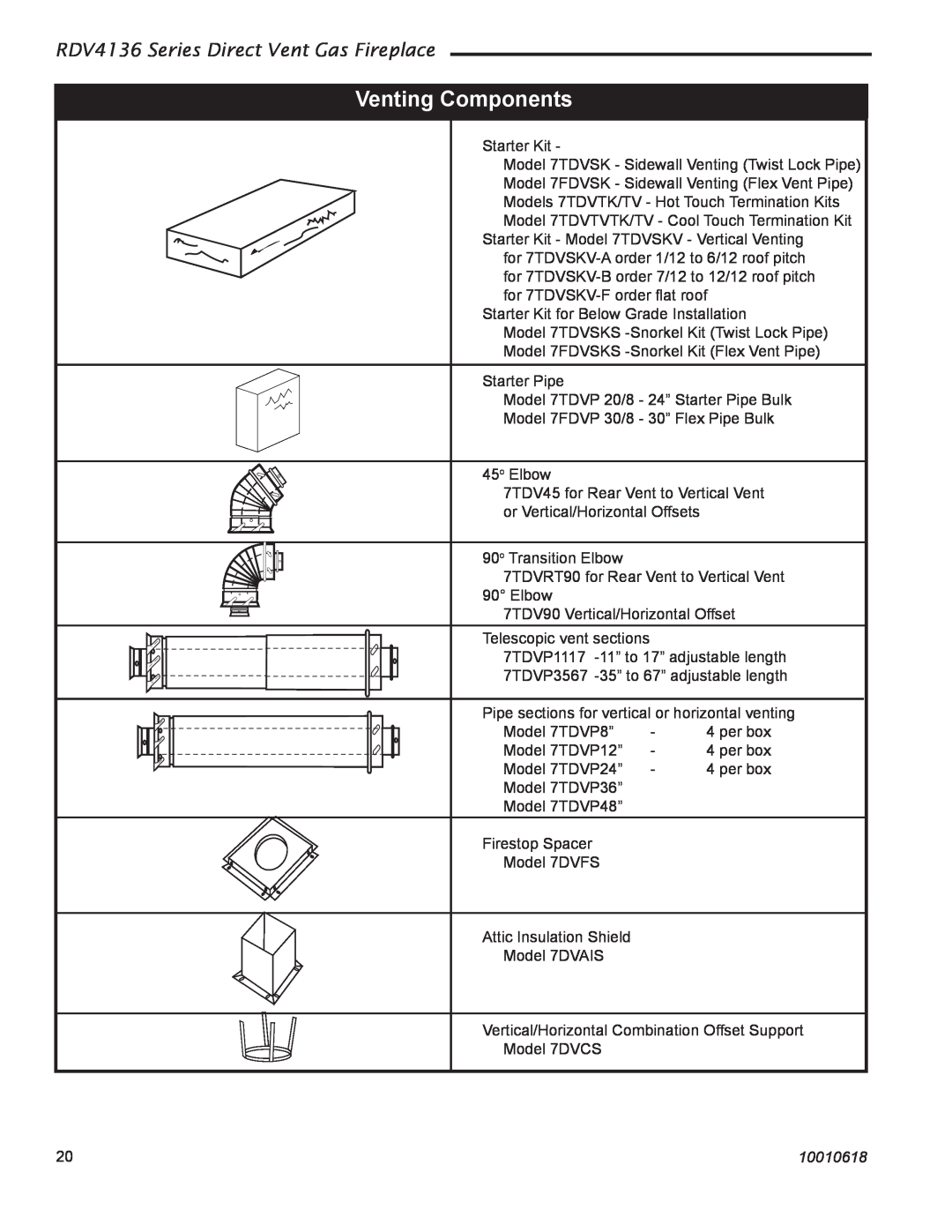 Majestic Appliances installation instructions Venting Components, RDV4136 Series Direct Vent Gas Fireplace, 10010618 
