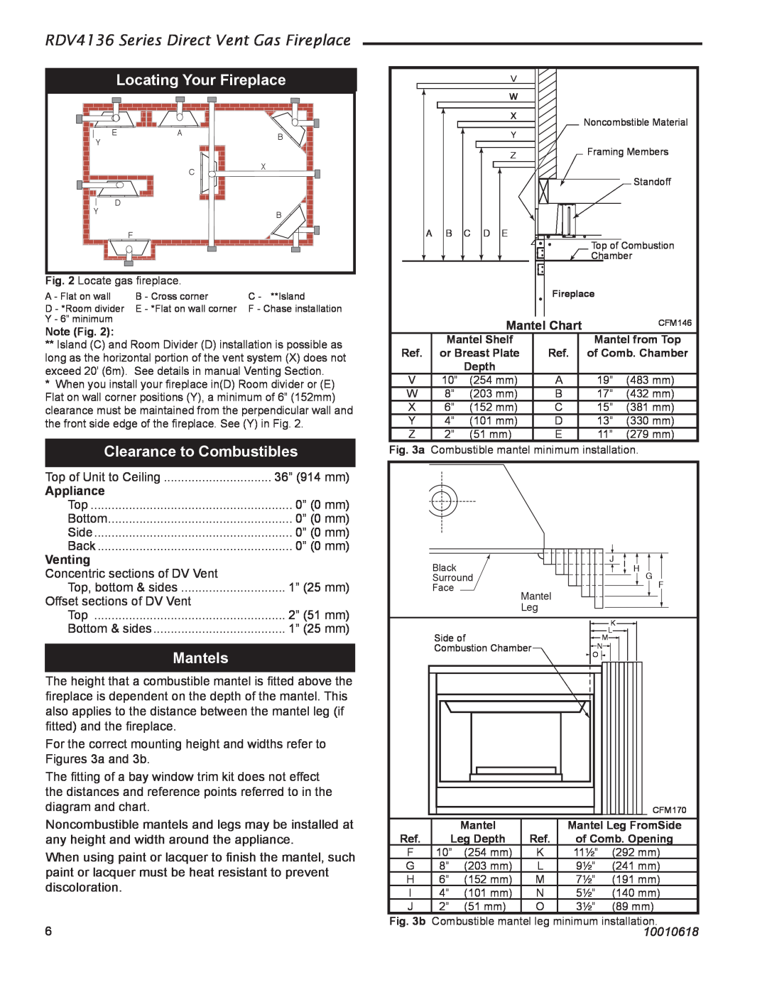 Majestic Appliances RDV4136 installation instructions Locating Your Fireplace, Clearance to Combustibles, Mantels, 10010618 