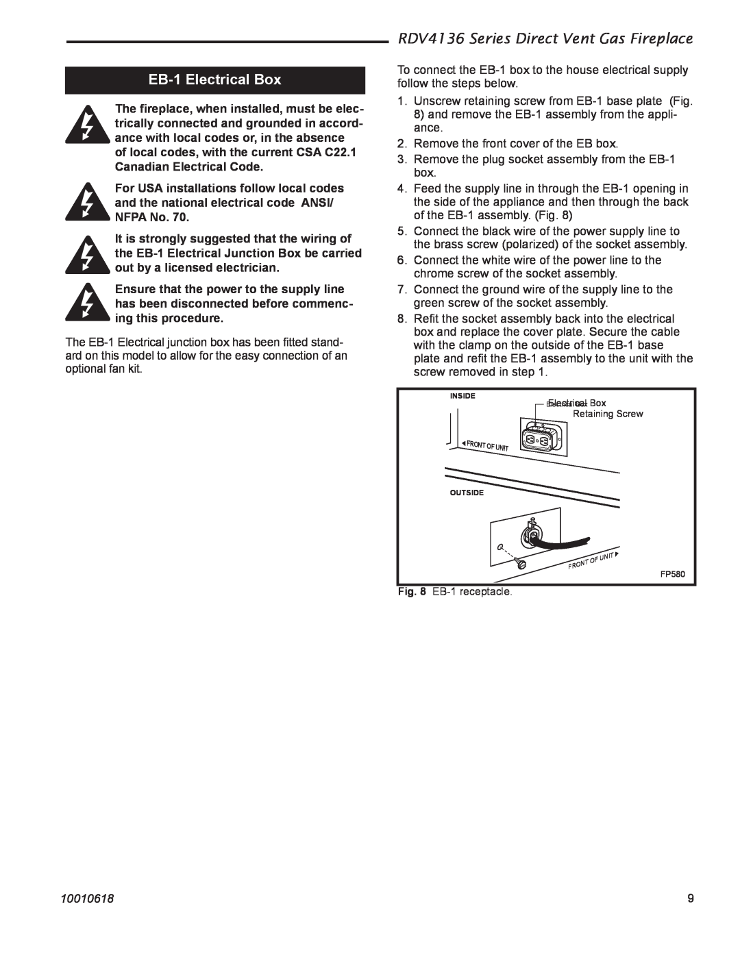 Majestic Appliances installation instructions EB-1Electrical Box, RDV4136 Series Direct Vent Gas Fireplace, 10010618 