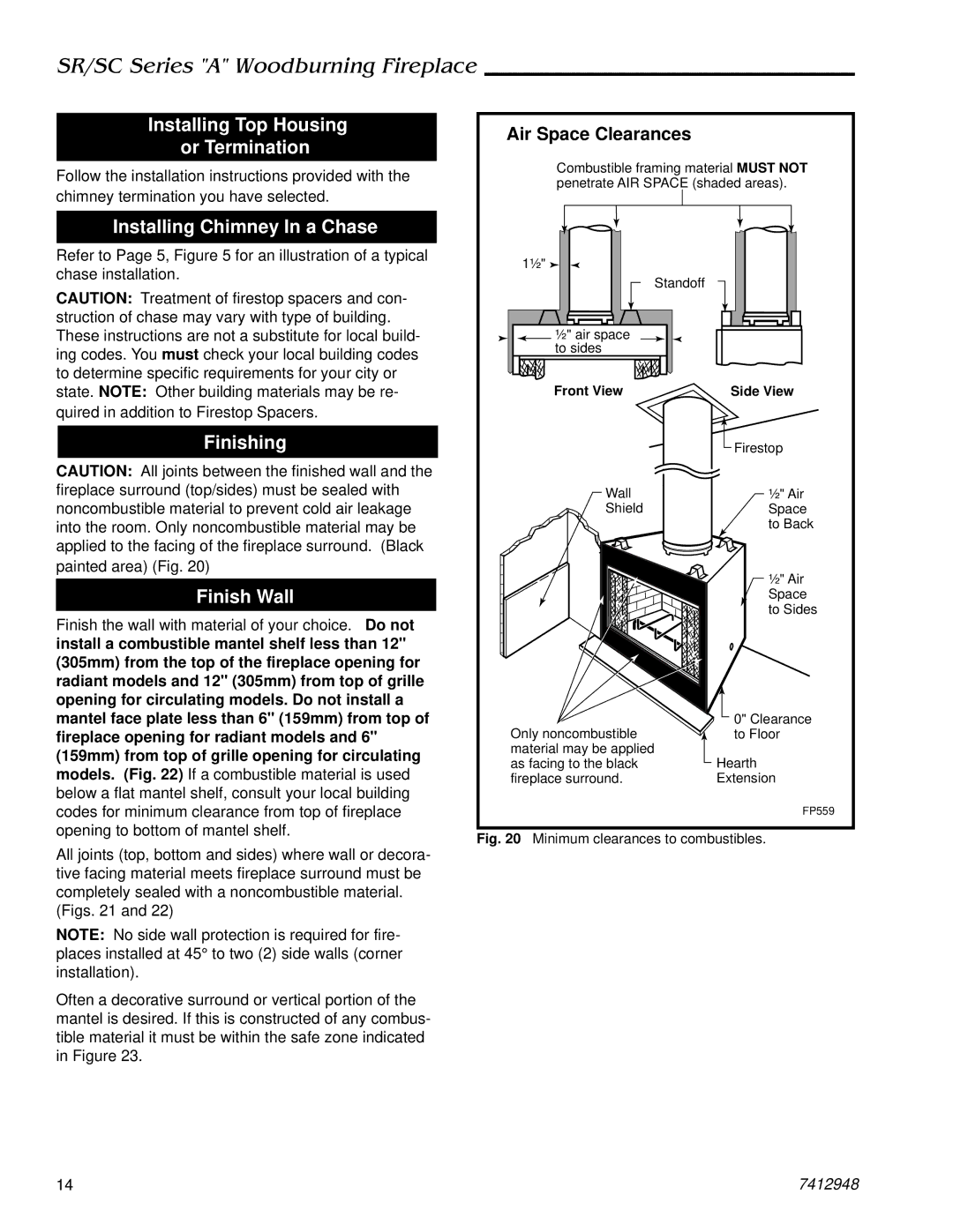 Majestic Appliances SR36A Installing Top Housing or Termination, Installing Chimney In a Chase, Finishing Finish Wall 