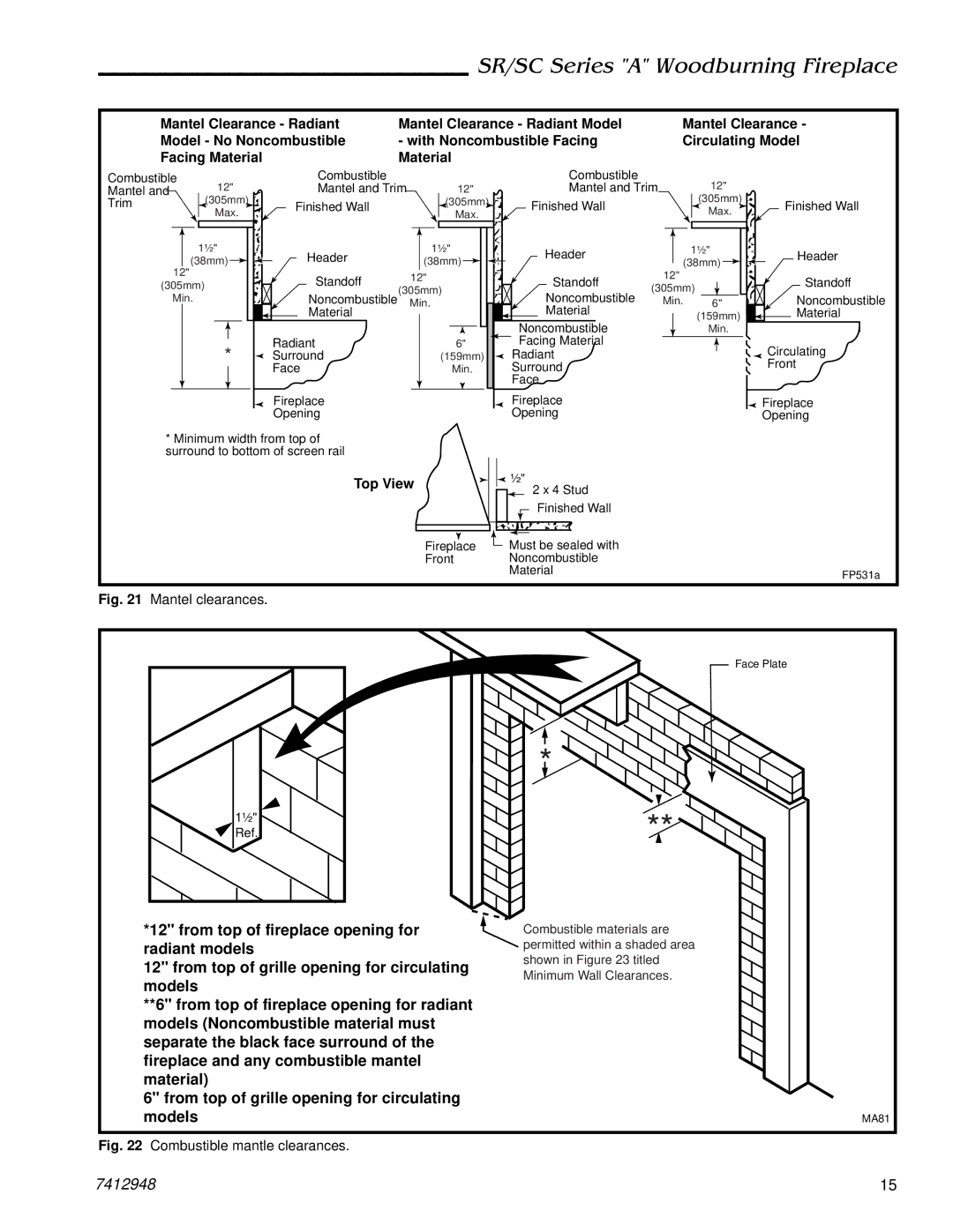 Majestic Appliances SC42A, SR42A, SC36A, SR36A manual Top View, Mantel clearances 