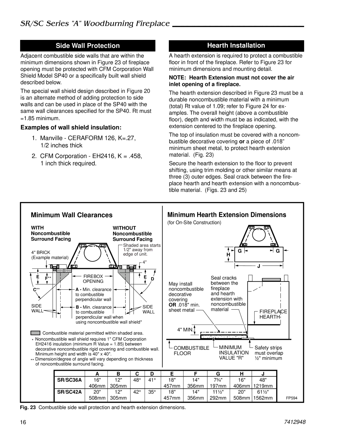 Majestic Appliances SR42A, SC36A, SR36A, SC42A manual Side Wall Protection Hearth Installation, Noncombustible Surround Facing 