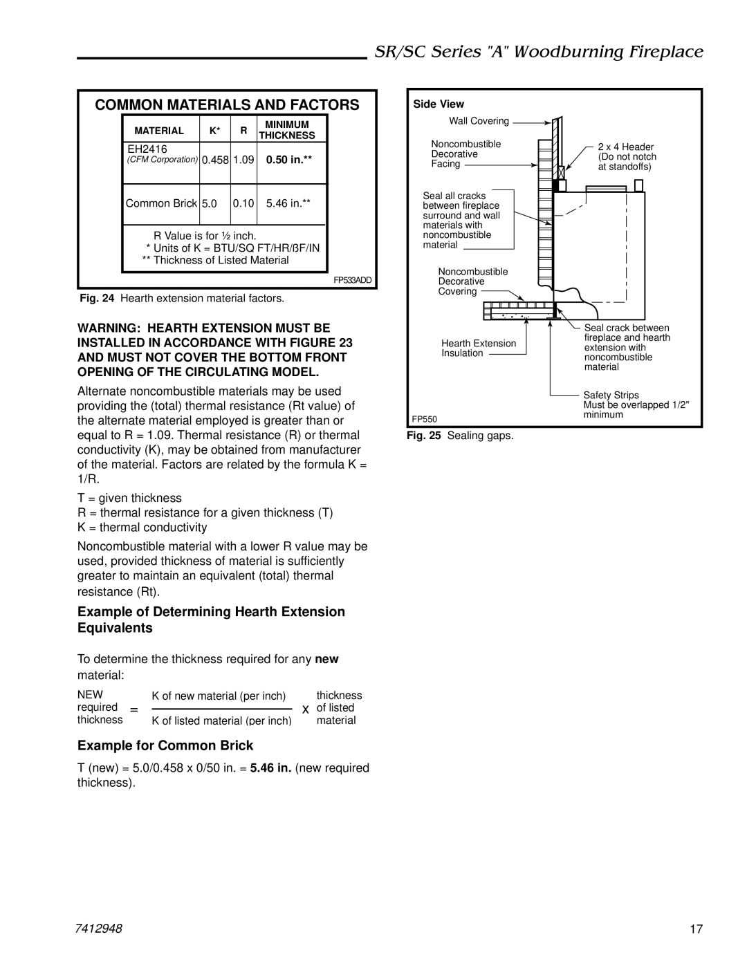 Majestic Appliances SC36A, SR42A, SR36A, SC42A manual Common Materials and Factors 