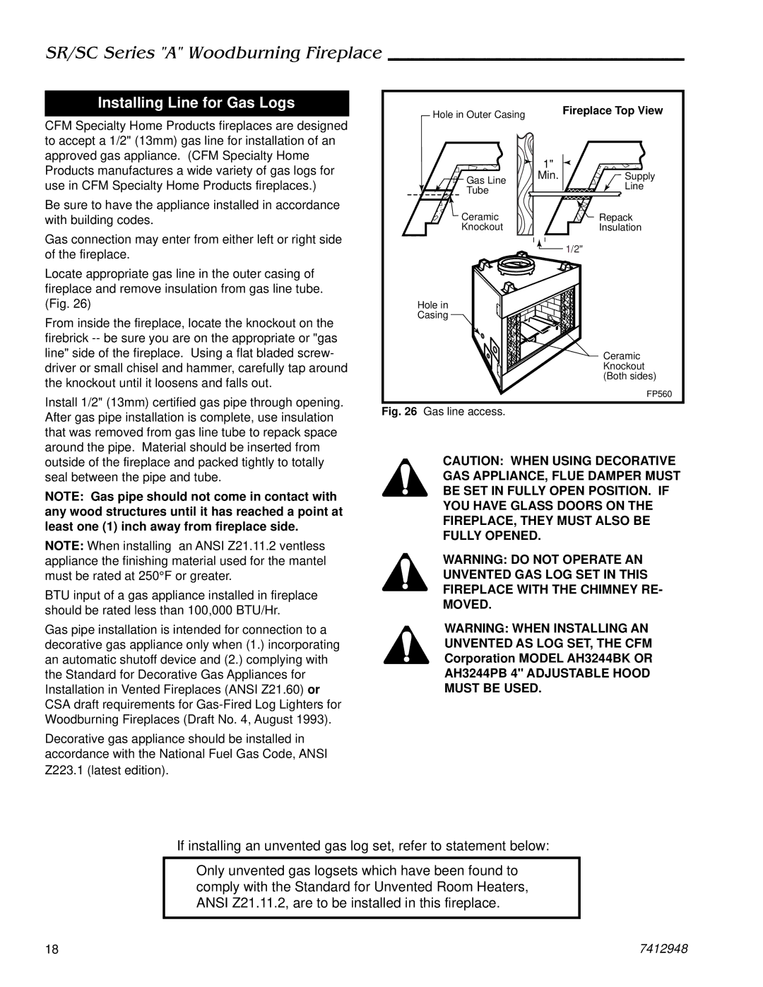 Majestic Appliances SR36A, SR42A, SC36A, SC42A manual Installing Line for Gas Logs, Fireplace Top View 