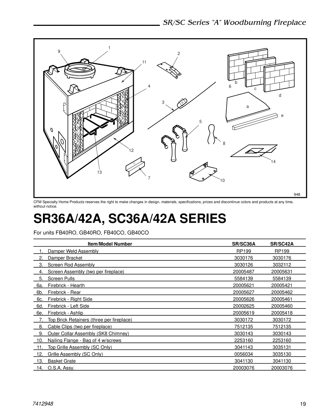 Majestic Appliances SC42A, SR42A, SC36A, SR36A manual Item/Model Number, 948 