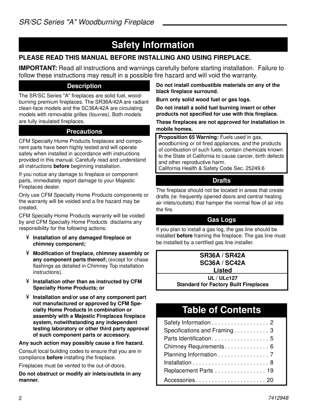 Majestic Appliances SR36A, SR42A, SC36A, SC42A manual Safety Information, Table of Contents 