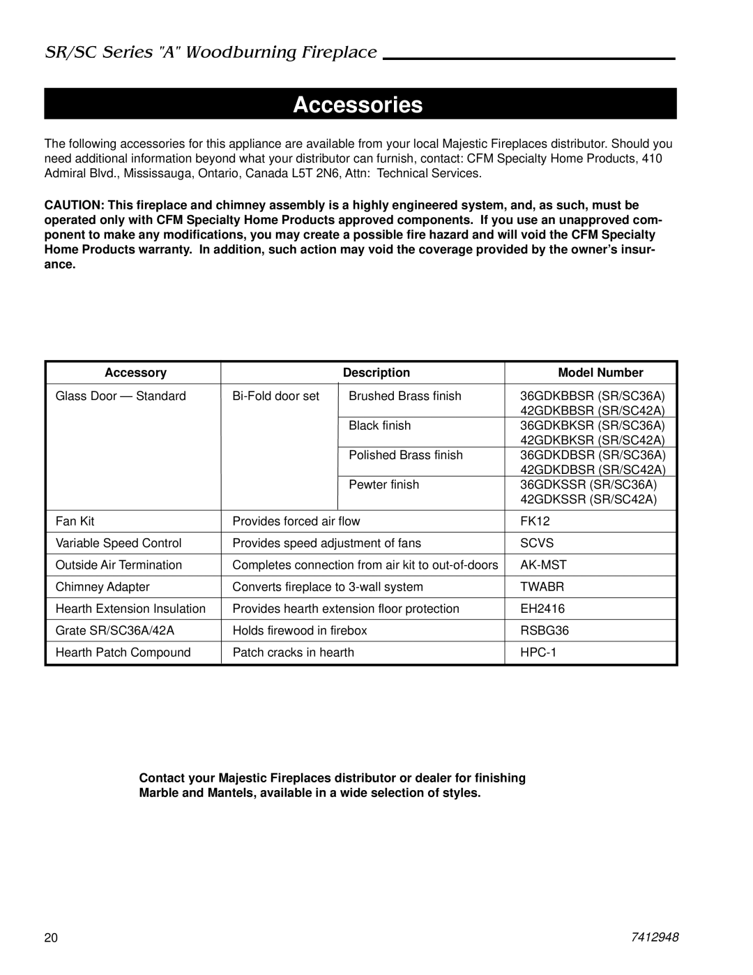 Majestic Appliances SR42A, SC36A, SR36A, SC42A manual Accessories, Accessory Description Model Number 