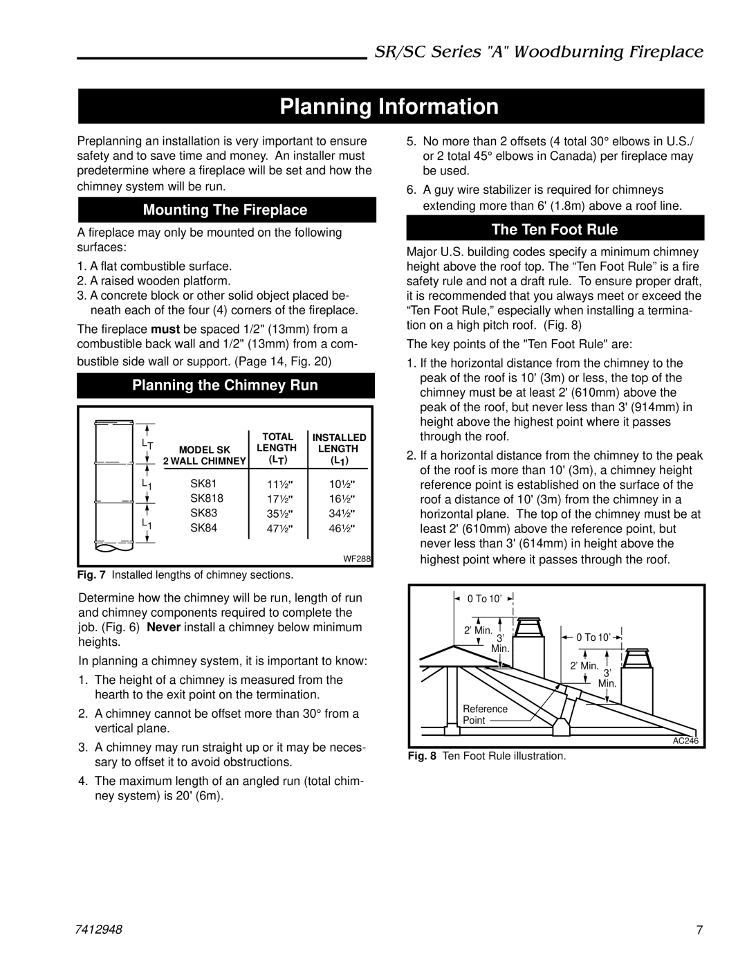 Majestic Appliances SC42A, SR42A Planning Information, Mounting The Fireplace, Planning the Chimney Run, Ten Foot Rule 