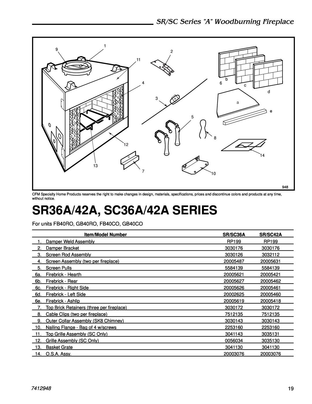 Majestic Appliances SC42A, SR42A manual SR36A/42A, SC36A/42A SERIES, SR/SC Series A Woodburning Fireplace, 7412948 