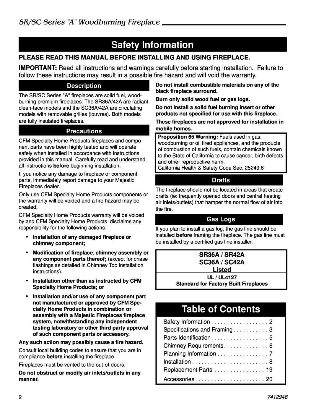Majestic Appliances SR36A Safety Information, Table of Contents, SR/SC Series A Woodburning Fireplace, Description, Drafts 